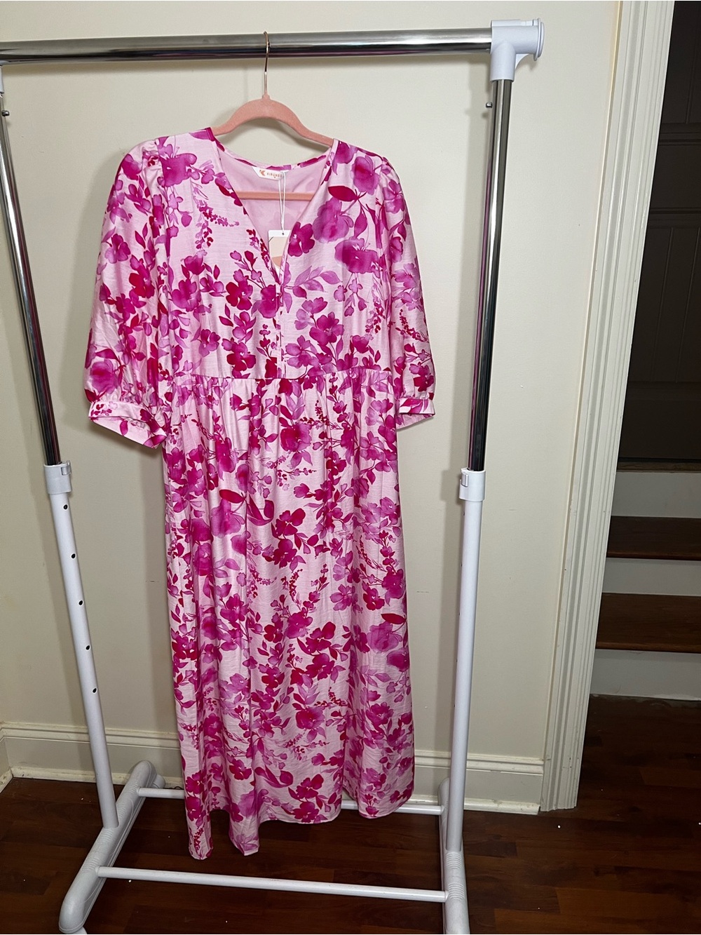 Floral Pink Maxi Dress with V-Neck
